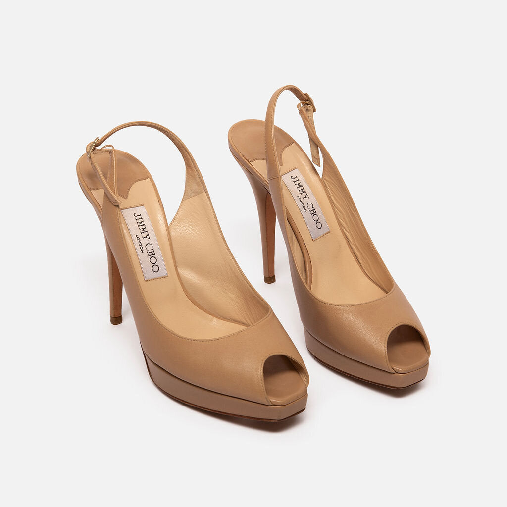 Jimmy Choo Beige Leather Peep-Toe Slingback Pumps