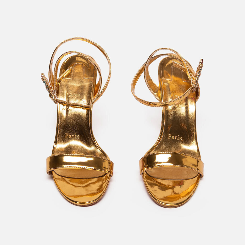 Christian Louboutin Gold Patent Leather Embellished Strap Sandal