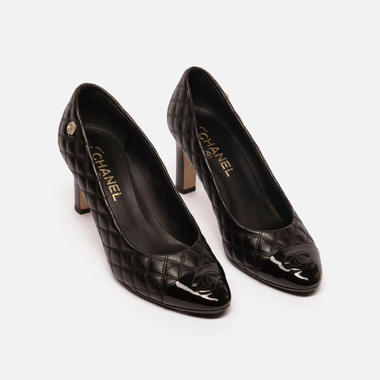 Chanel Black Quilted Pumps Patent Toe