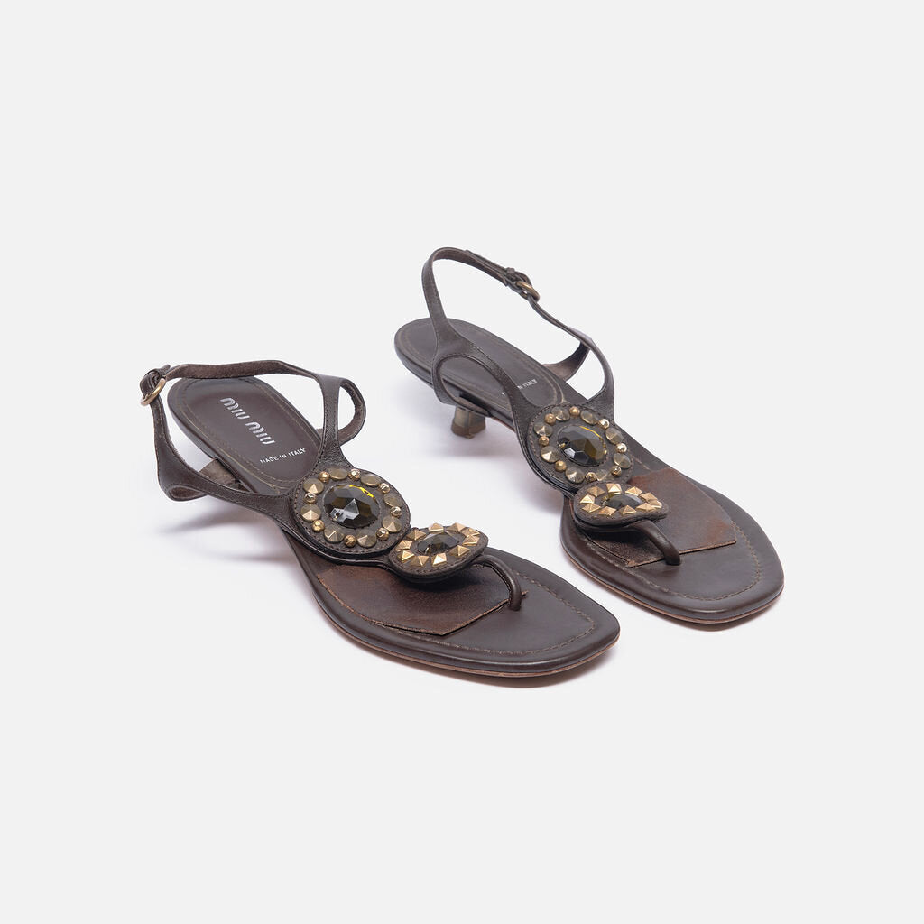 Miu Miu Brown Leather Embellished Sandal