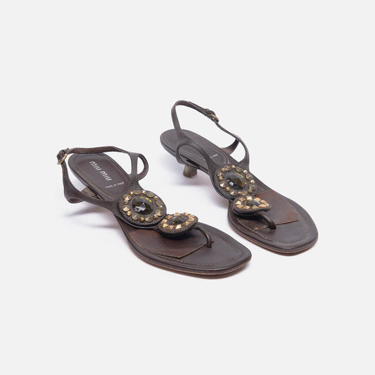 Miu Miu Brown Leather Embellished Sandal