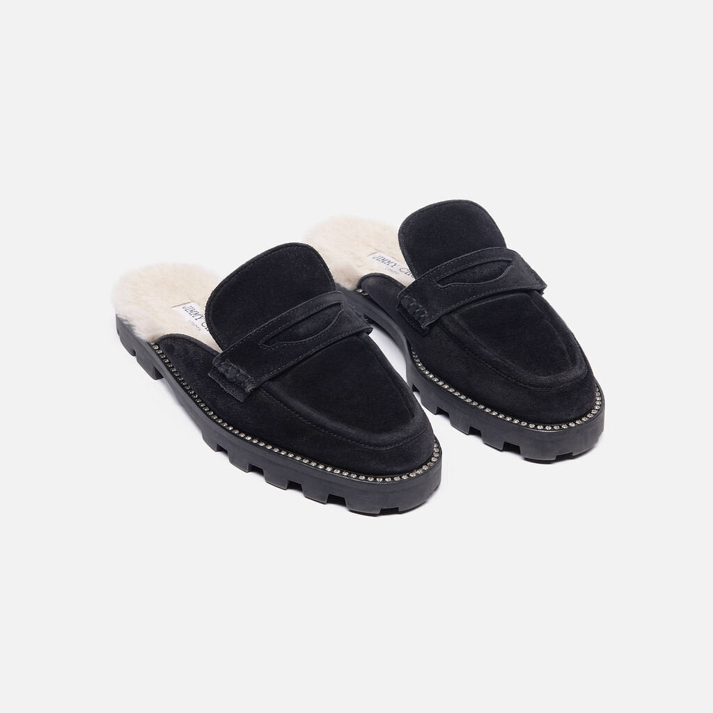 Jimmy Choo Black Suede Shearling Mules