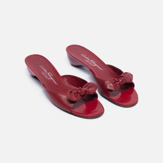 Salvatore Ferragamo Red Leather Bow Kitten Heel
