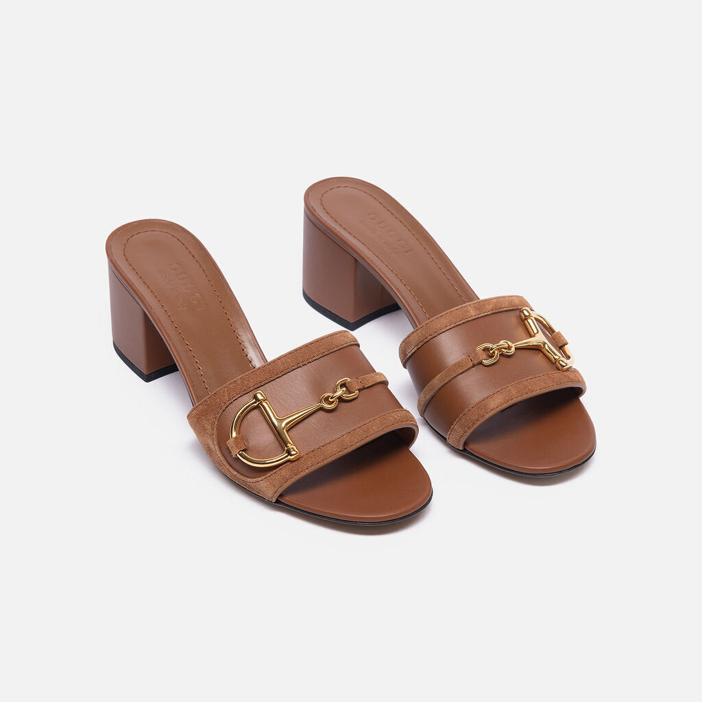 Gucci Brown Leather Heeled Horsebit Slides