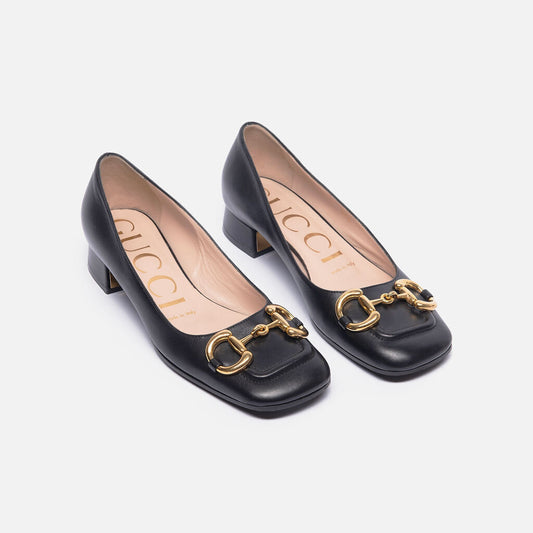 Gucci Black Horsebit Leather Heeled Flat