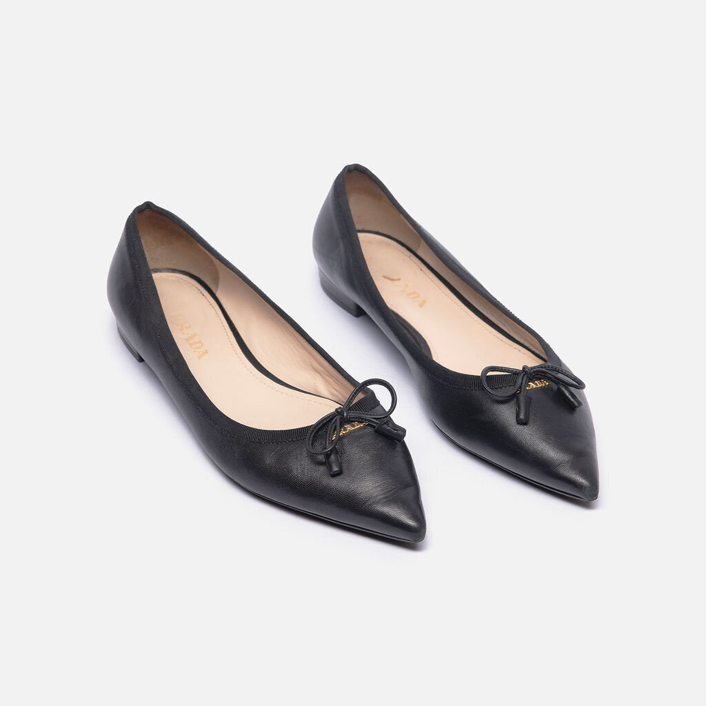 Prada Black Leather Point Toe Flats