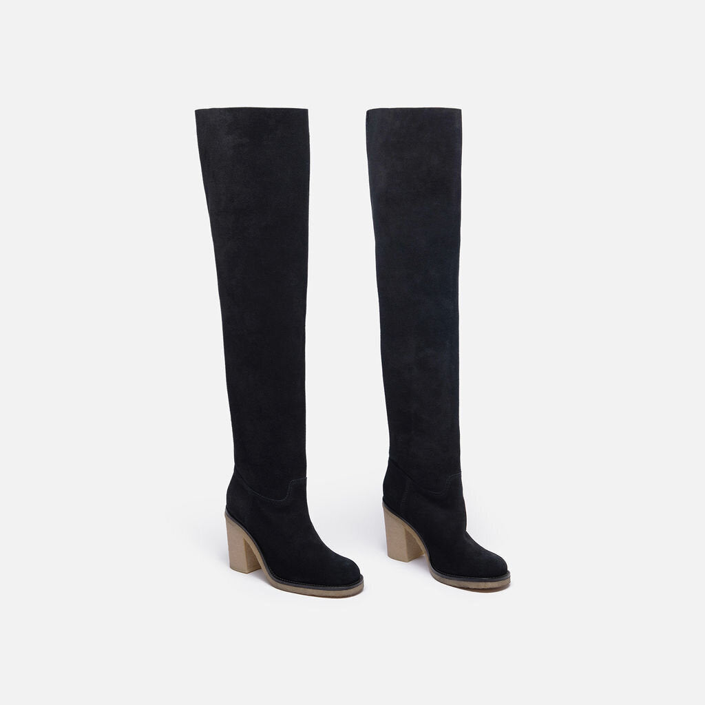 Chanel Black Suede Over the Knee Wedge Heel