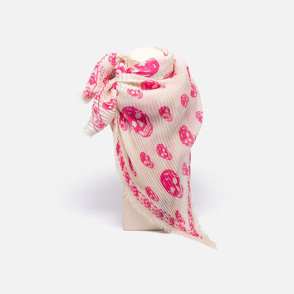 Alexander McQueen White & Pink Skull Print Silk Scarf