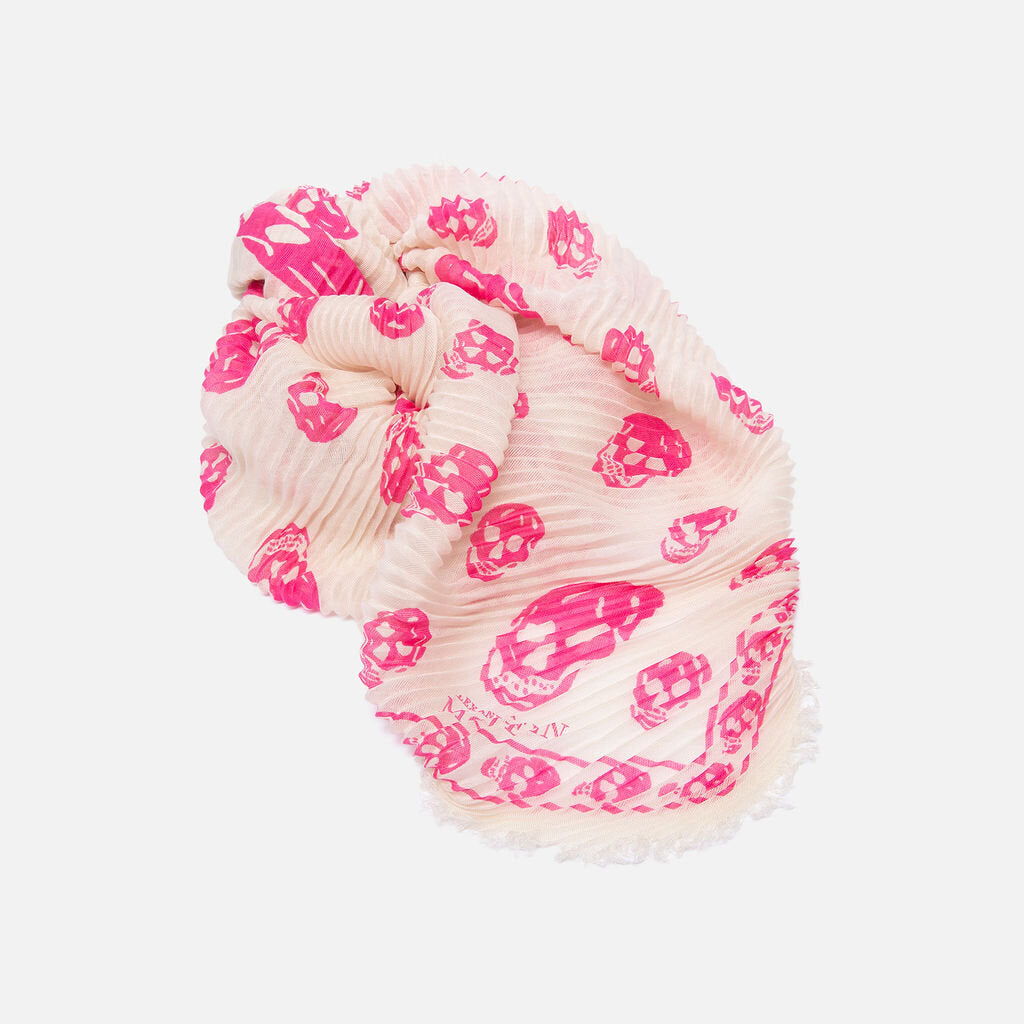 Alexander McQueen White & Pink Skull Print Silk Scarf