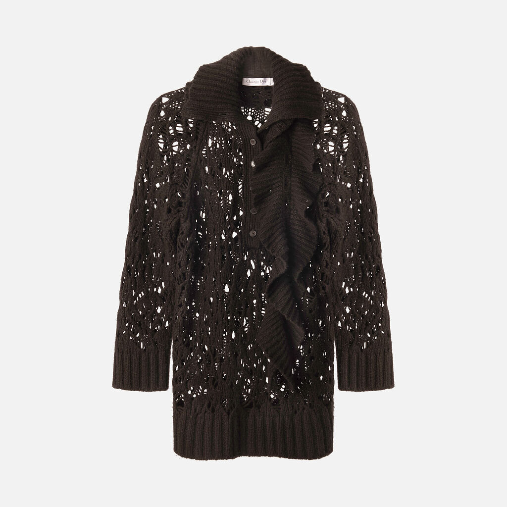 Christian Dior Black Open Knit Cashmere Silk Linen Ruffle Front