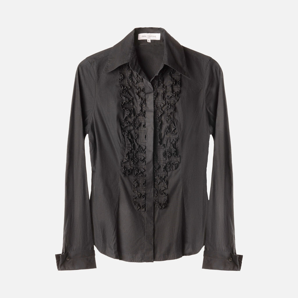 Anne Fontaine Black Cotton Ruffle Button Up Top