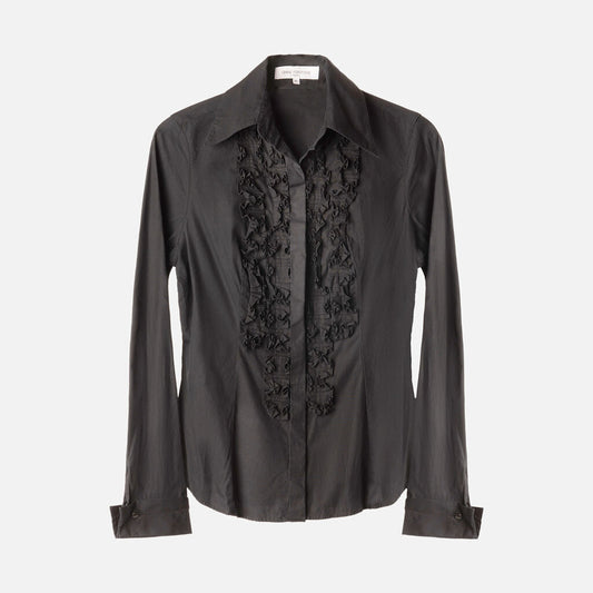 Anne Fontaine Black Cotton Ruffle Button Up Top