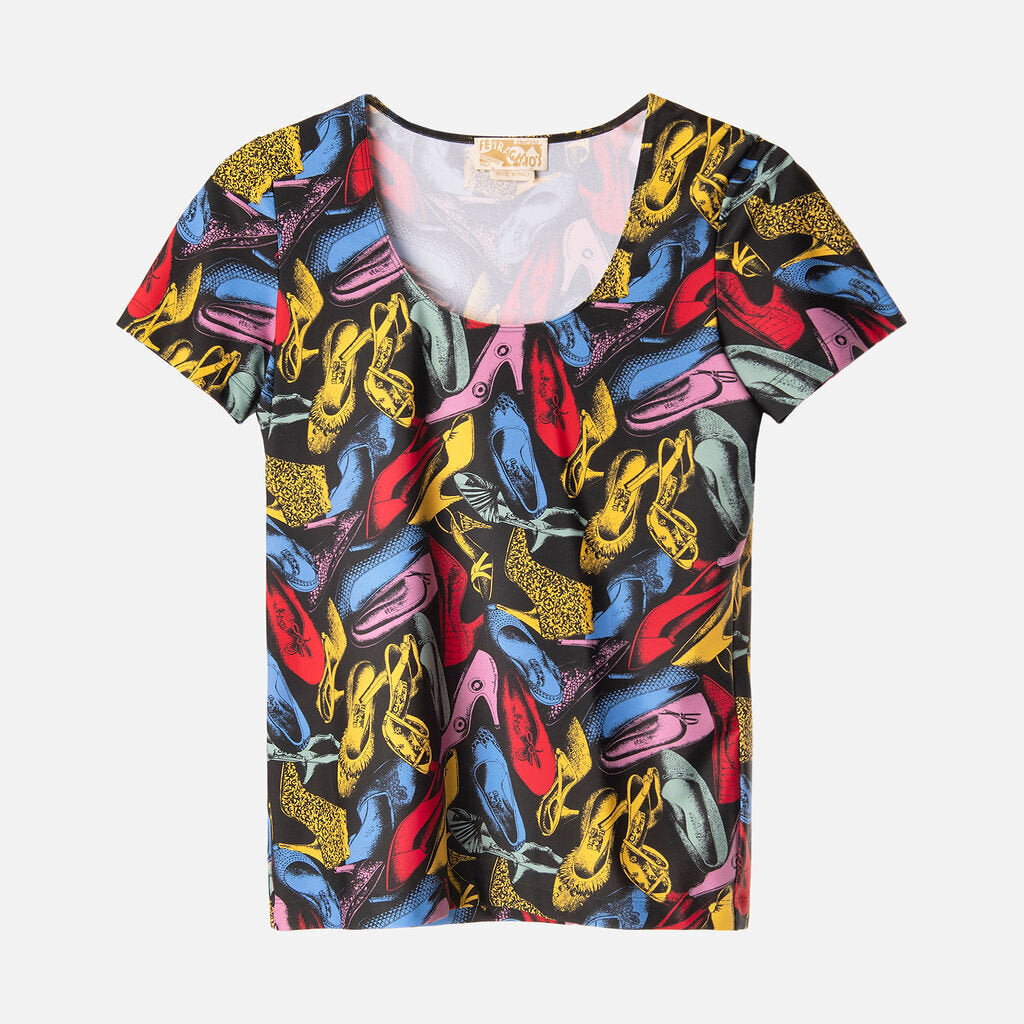 Ferragamo's Multicolor Shoe Print Poly Blend Knit T-Shirt