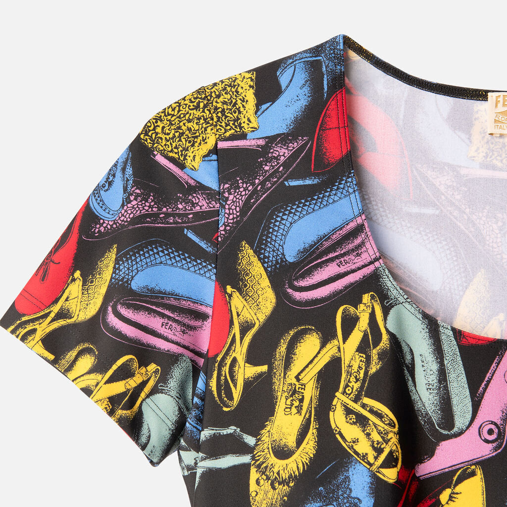 Ferragamo's Multicolor Shoe Print Poly Blend Knit T-Shirt