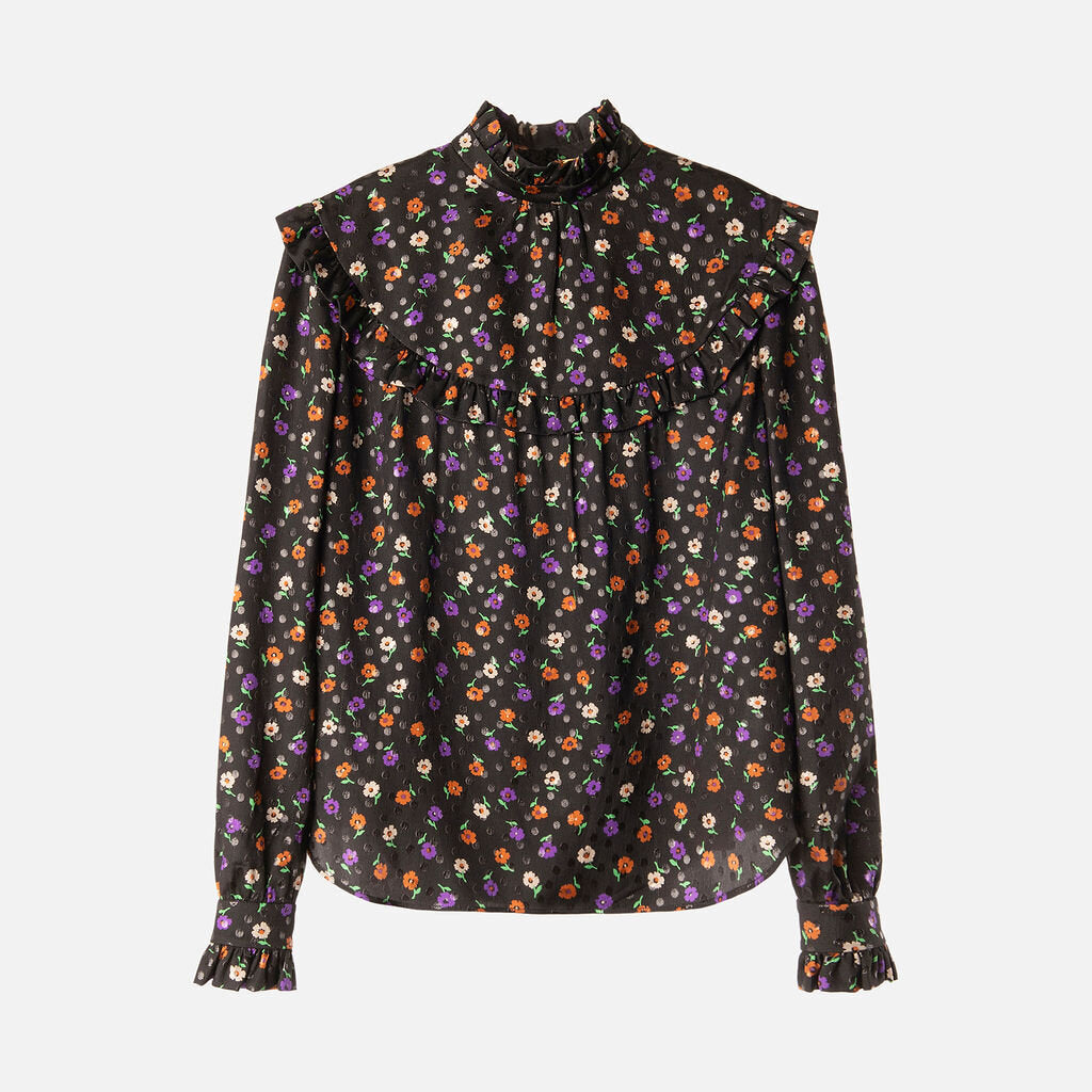Saint Laurent Black Silk Blend Floral Print Ruffle Blouse