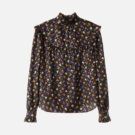 Saint Laurent Black Silk Blend Floral Print Ruffle Blouse