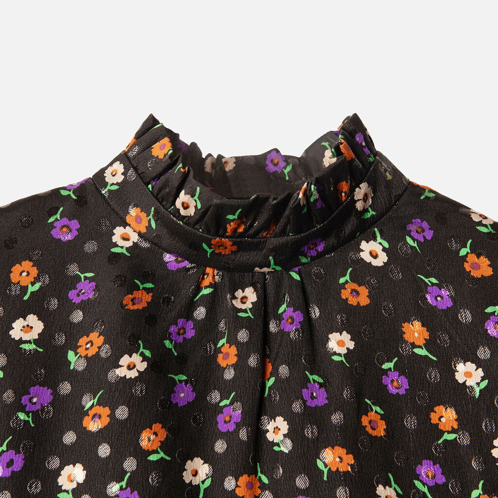 Saint Laurent Black Silk Blend Floral Print Ruffle Blouse