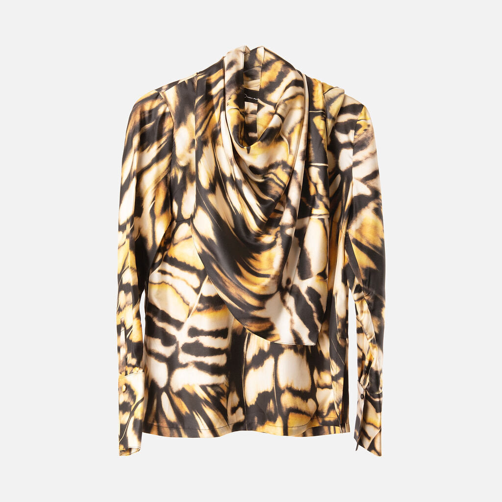 Oscar de la Renta Black/Yellow Printed Silk Blouse