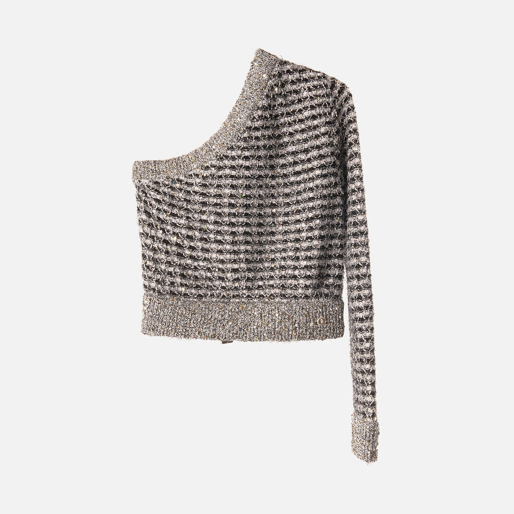 Chanel Black/White Tweed Sequin One-Shoulder Sweater