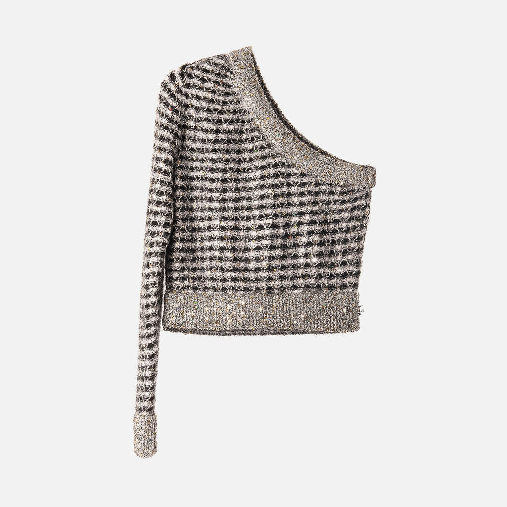 Chanel Black/White Tweed Sequin One-Shoulder Sweater