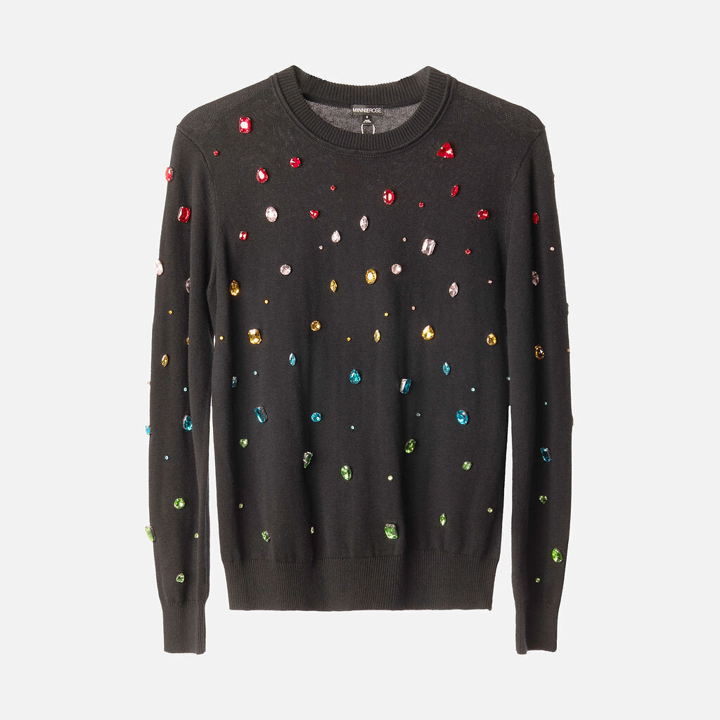 Minnie Rose Black Cotton Crystal Embellished Sweater