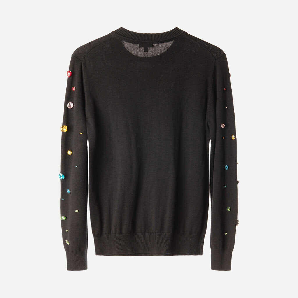 Minnie Rose Black Cotton Crystal Embellished Sweater
