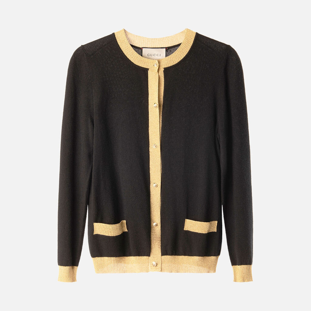 Gucci Black/Gold Cashmere Blend Cardigan With Pearl Buttons