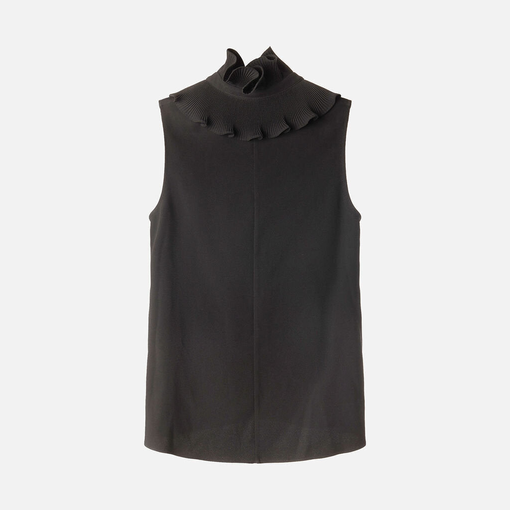 Co Black Triacetate/Poly Ruffle Collar Sleeveless Top