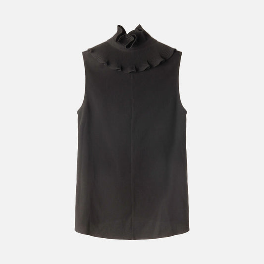 Co Black Triacetate/Poly Ruffle Collar Sleeveless Top