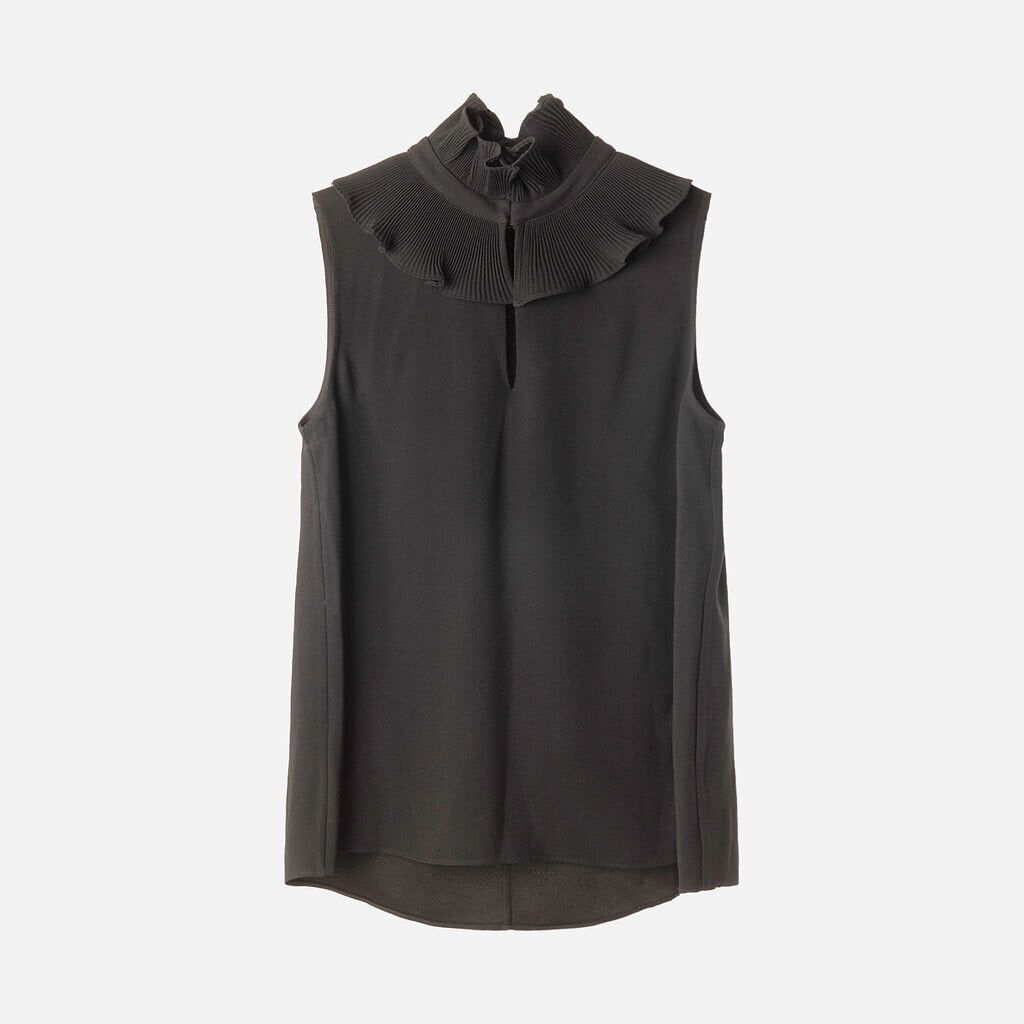 Co Black Triacetate/Poly Ruffle Collar Sleeveless Top