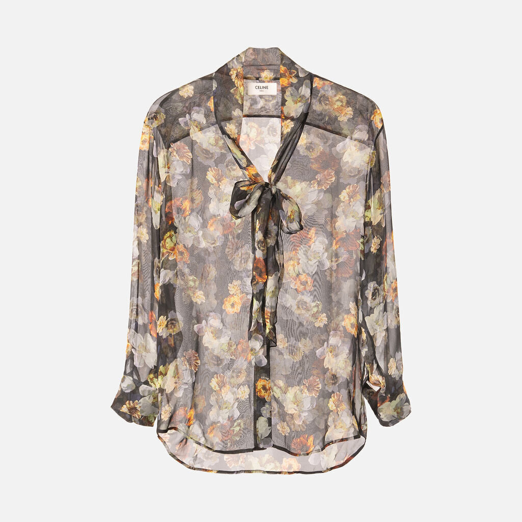 Celine Black Floral Silk Blouse