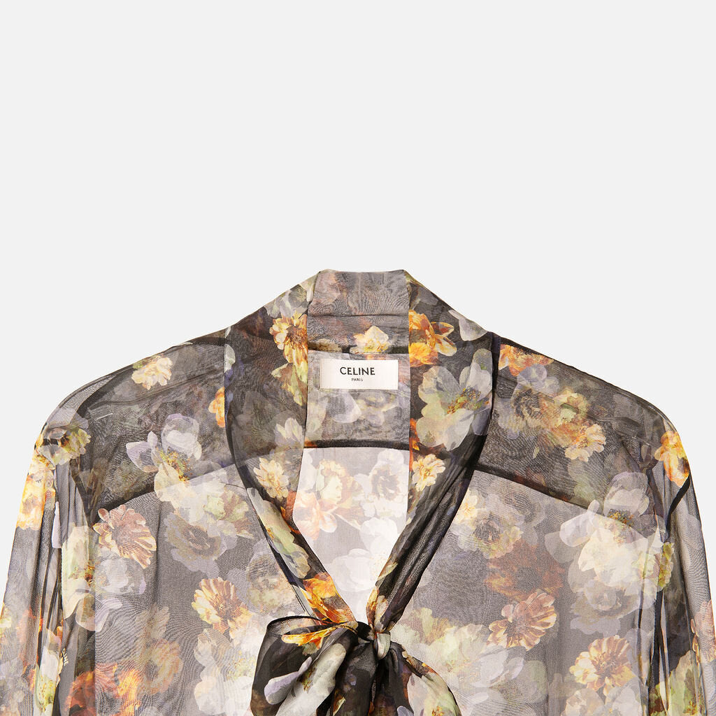 Celine Black Floral Silk Blouse
