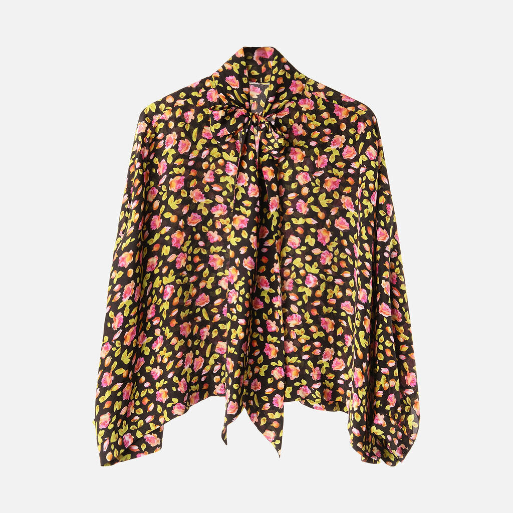 Balenciaga Black Silk Floral Print Blouse