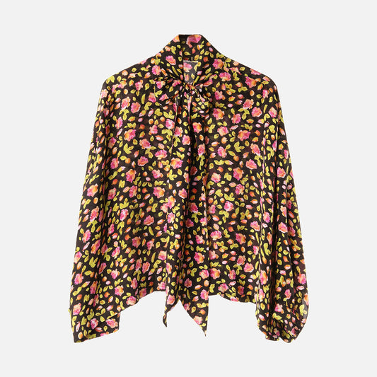 Balenciaga Black Silk Floral Print Blouse