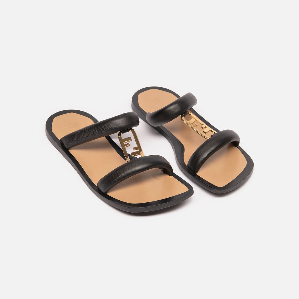 Fendi Black Leather Gold Hard Ware Sandal