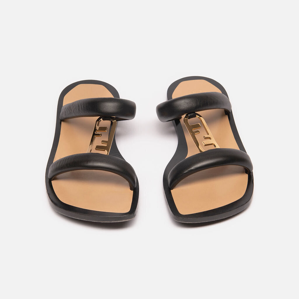 Fendi Black Leather Gold Hard Ware Sandal