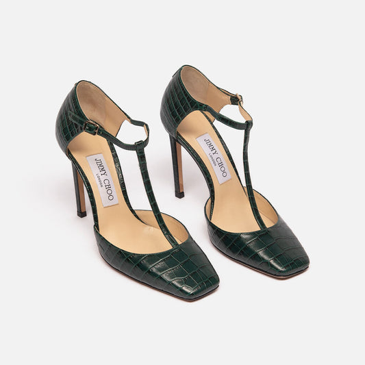 Jimmy Choo Green Leather Croc Embossed Heel