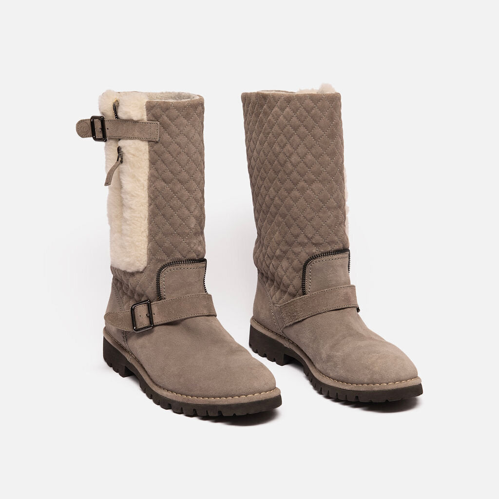 Chanel Grey Suede Shearling Quilted Boots