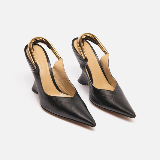 Bottega Veneta Black Leather Gold Slingbacks