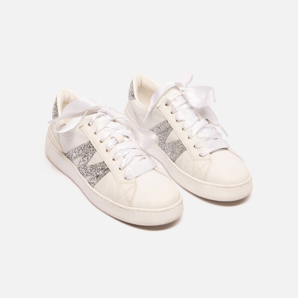Moncler White Leather Silver Glitter Sneaker