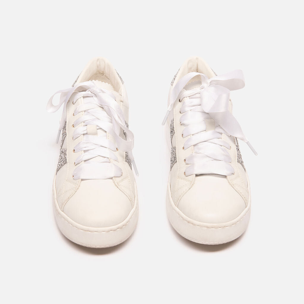 Moncler White Leather Silver Glitter Sneaker