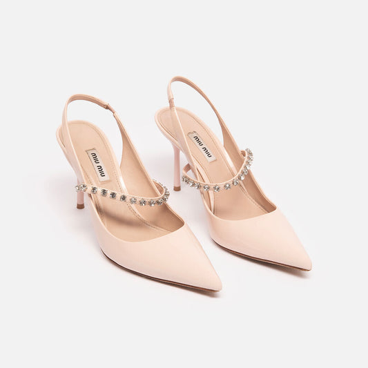 Miu Miu Pale Pink Patent Leather Crystal Strap Slingbacks