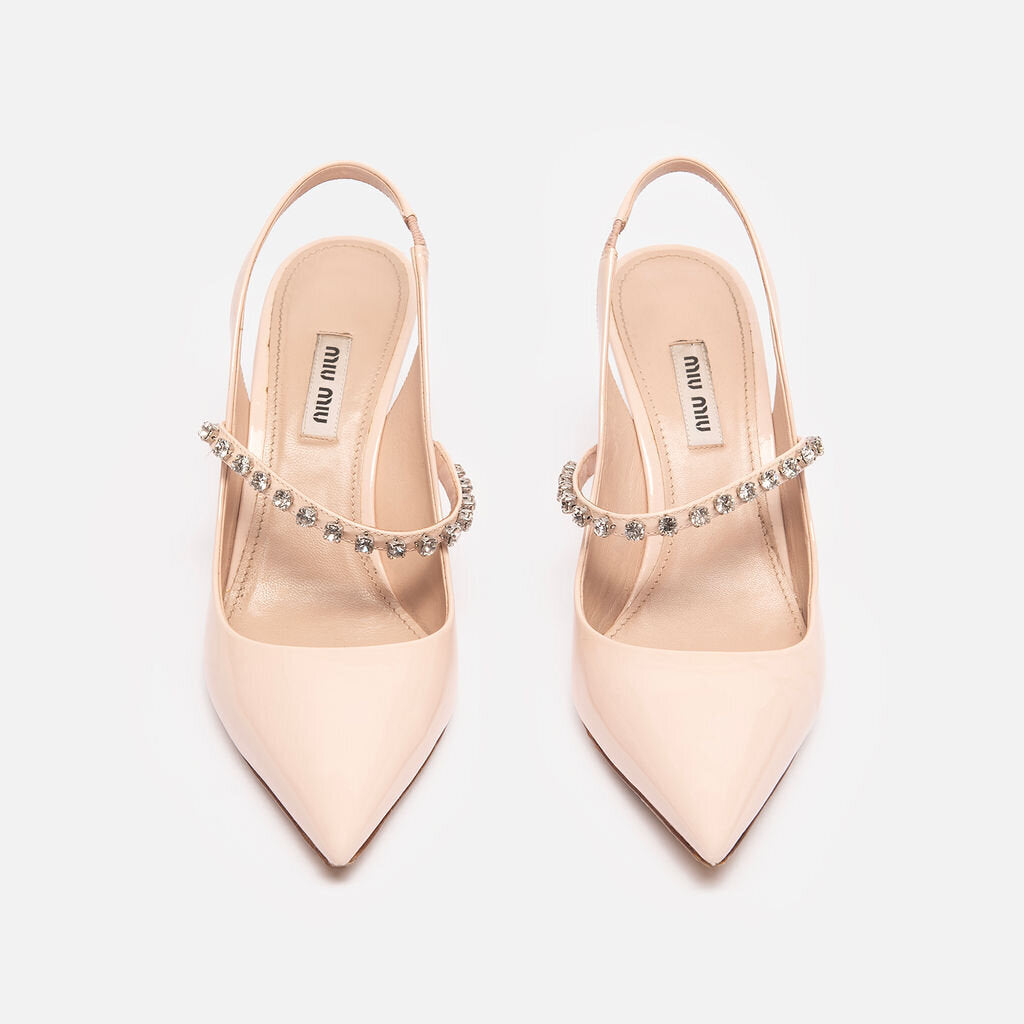 Miu Miu Pale Pink Patent Leather Crystal Strap Slingbacks