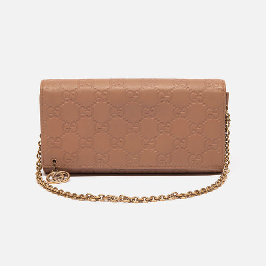 Gucci Tan Embossed Long Flap Wallet on Chain