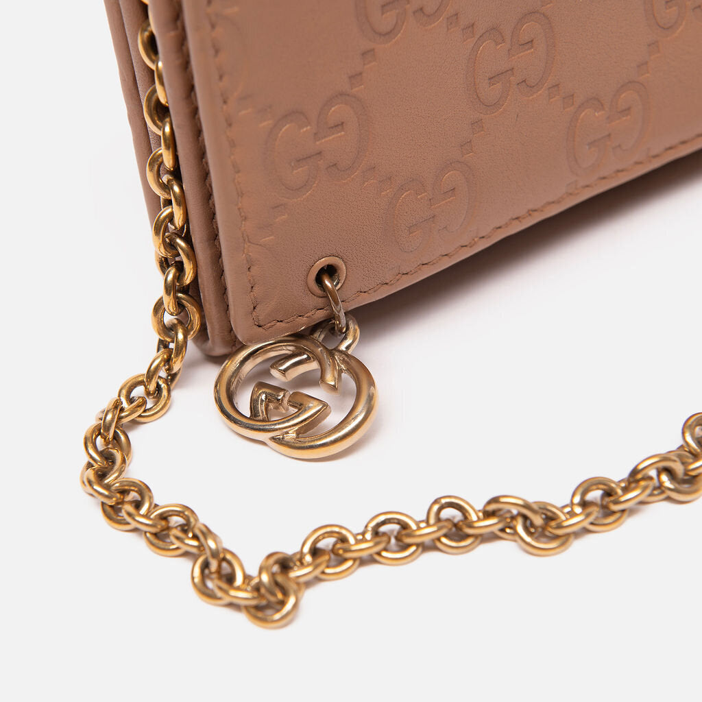 Gucci Tan Embossed Long Flap Wallet on Chain