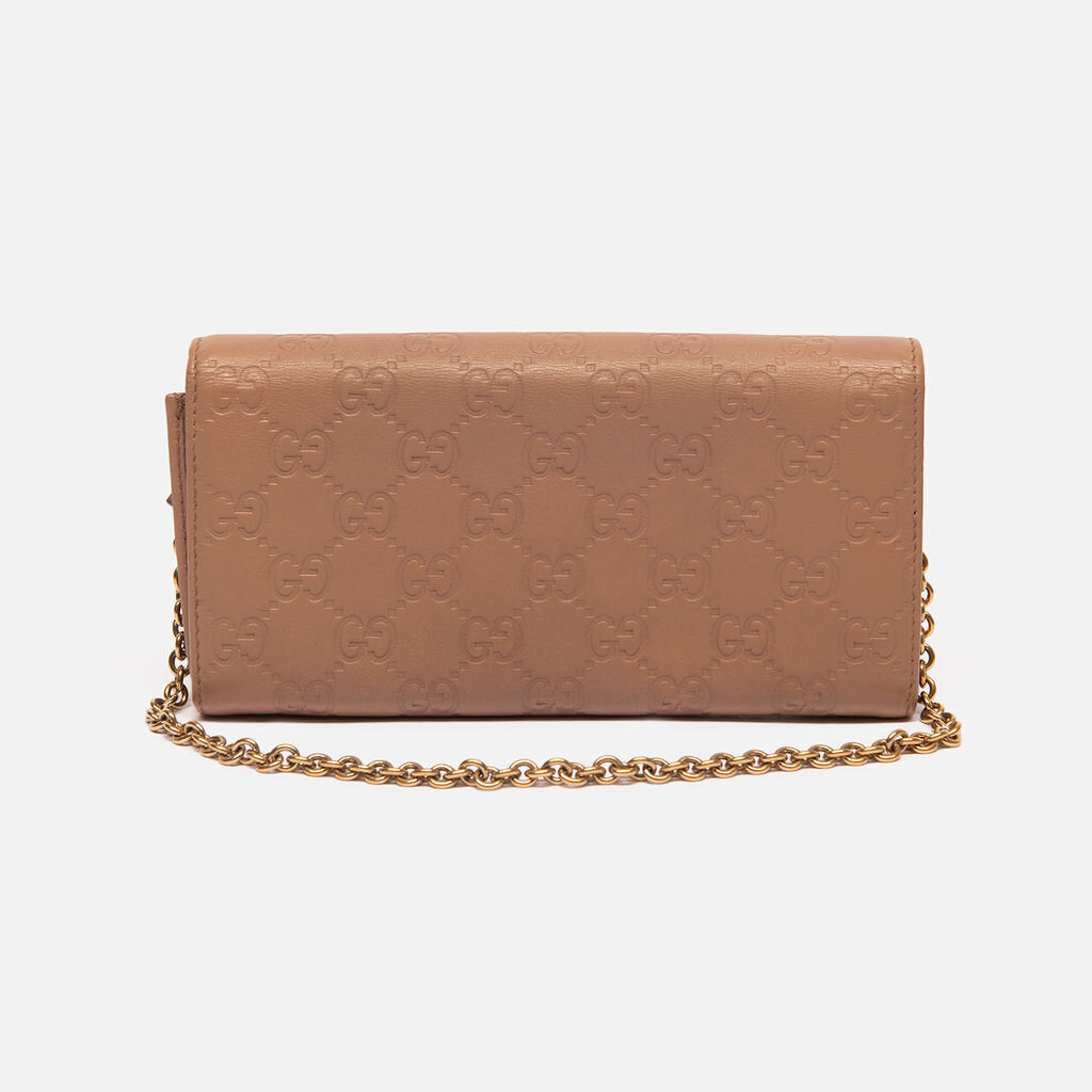 Gucci Tan Embossed Long Flap Wallet on Chain