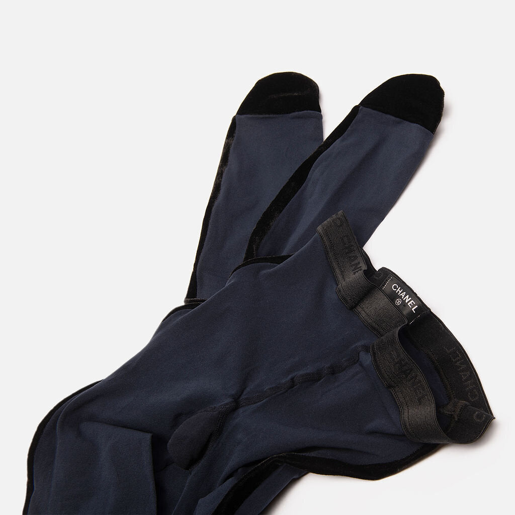 Chanel Navy Tights with Velvet Black Stripe