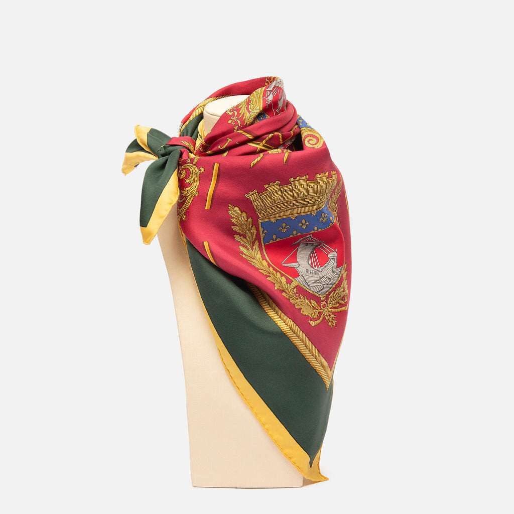 Hermes Red, Green & Gold Silk Print Scarf