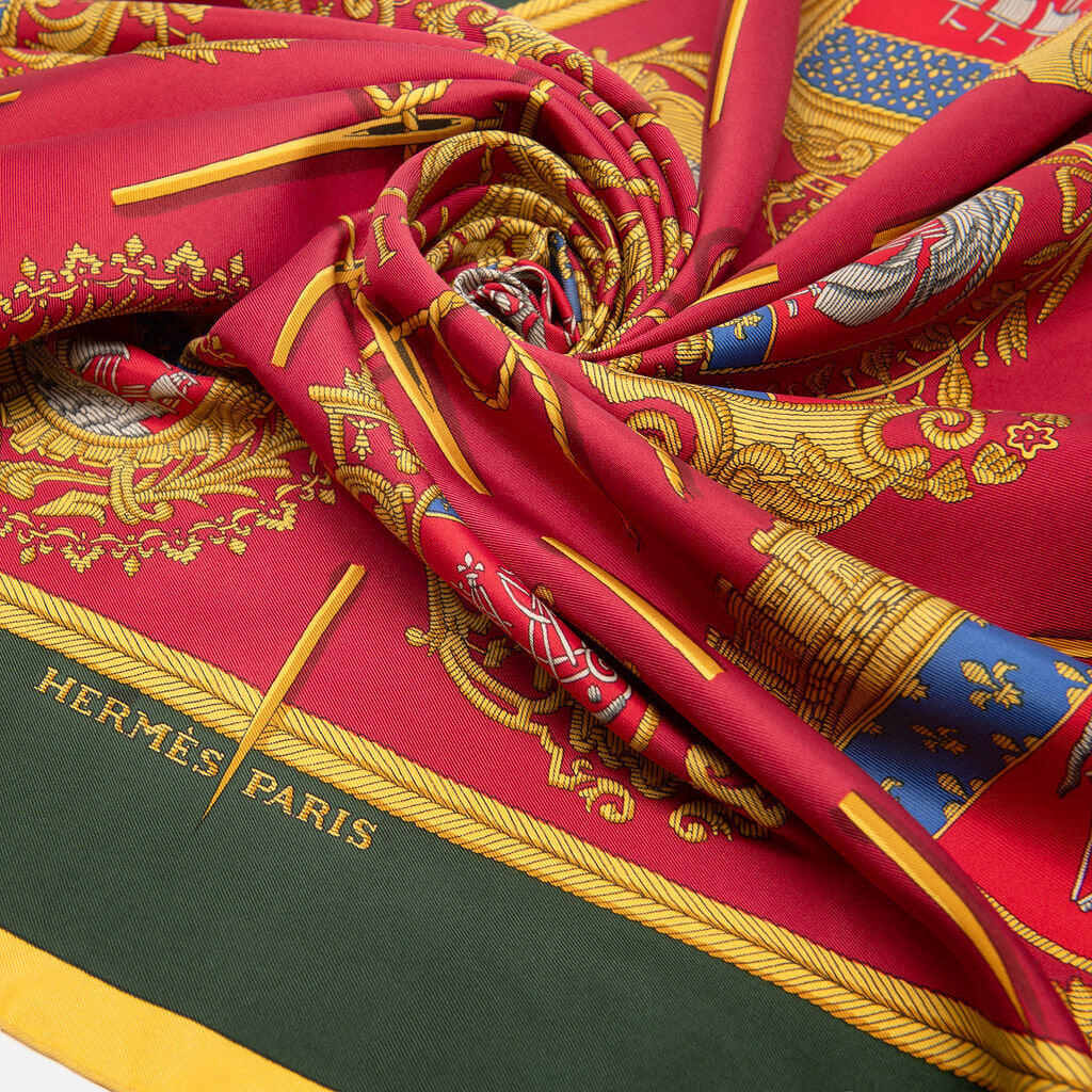 Hermes Red, Green & Gold Silk Print Scarf