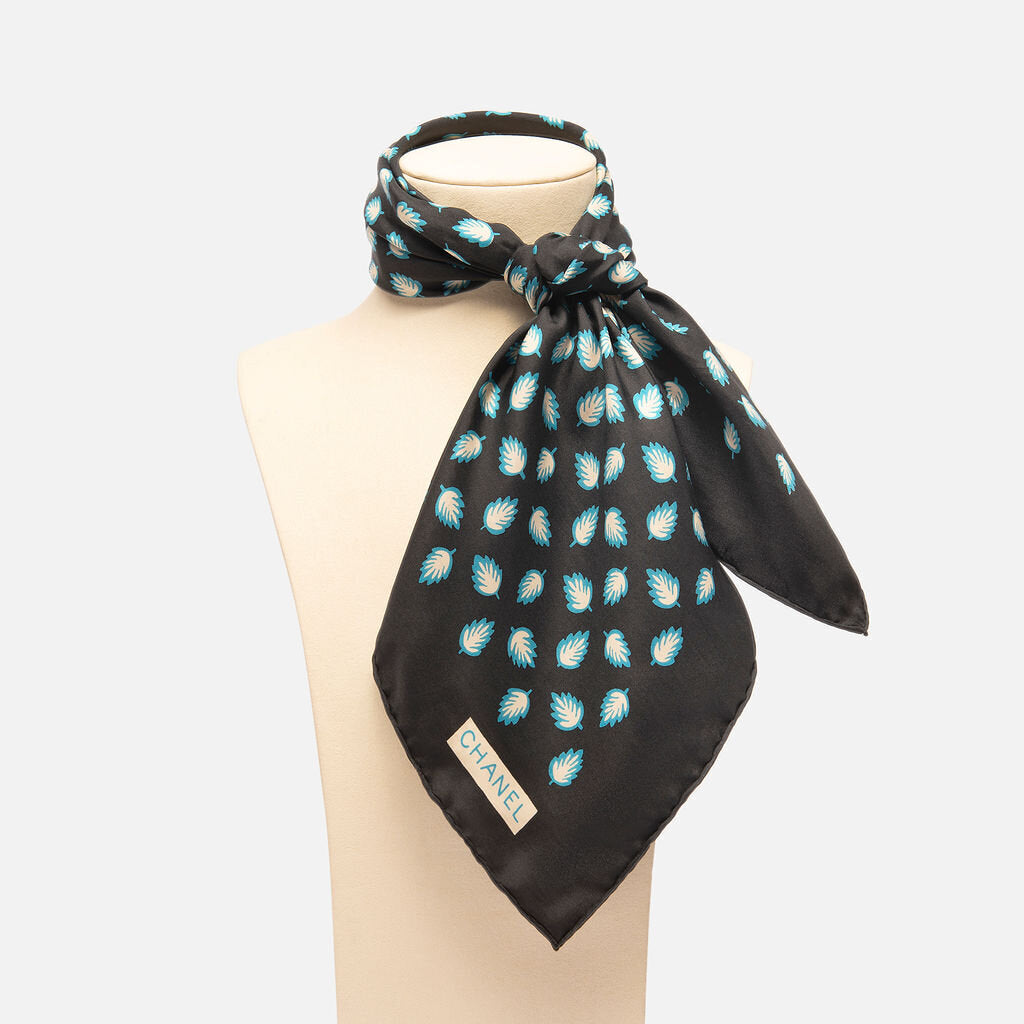Chanel Black & Blue Leaf Print Scarf